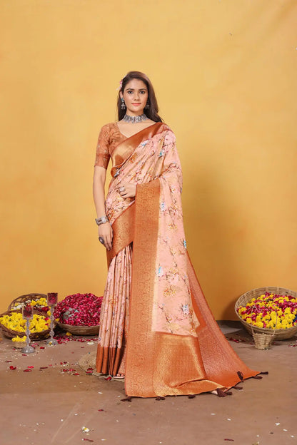 Orange Soft Bamber Weaving Saree with Digital Print & Rich Pallu