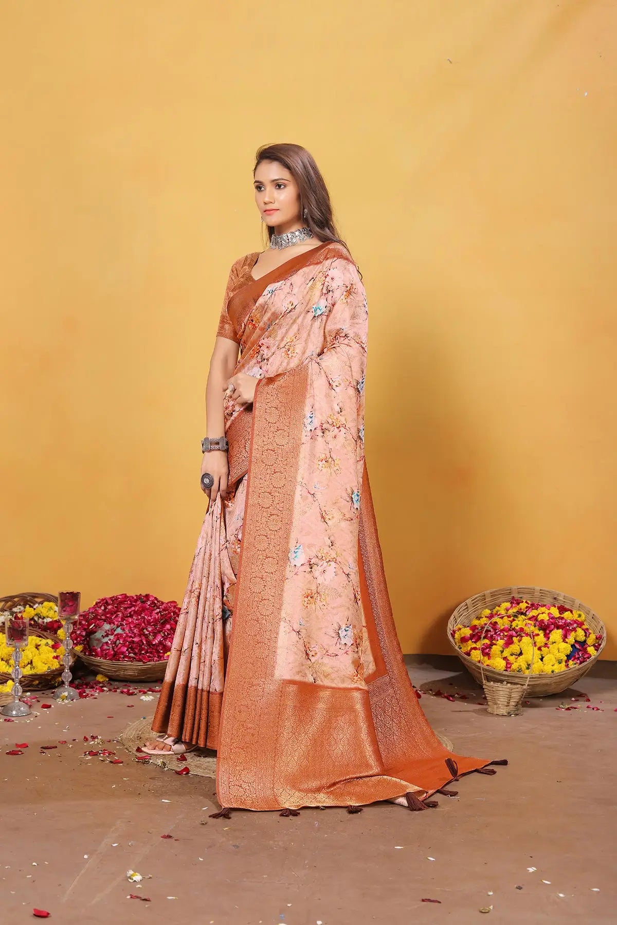 Orange Soft Bamber Weaving Saree with Digital Print & Rich Pallu