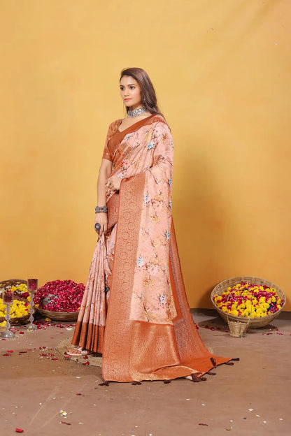 Orange Soft Bamber Weaving Saree with Digital Print & Rich Pallu