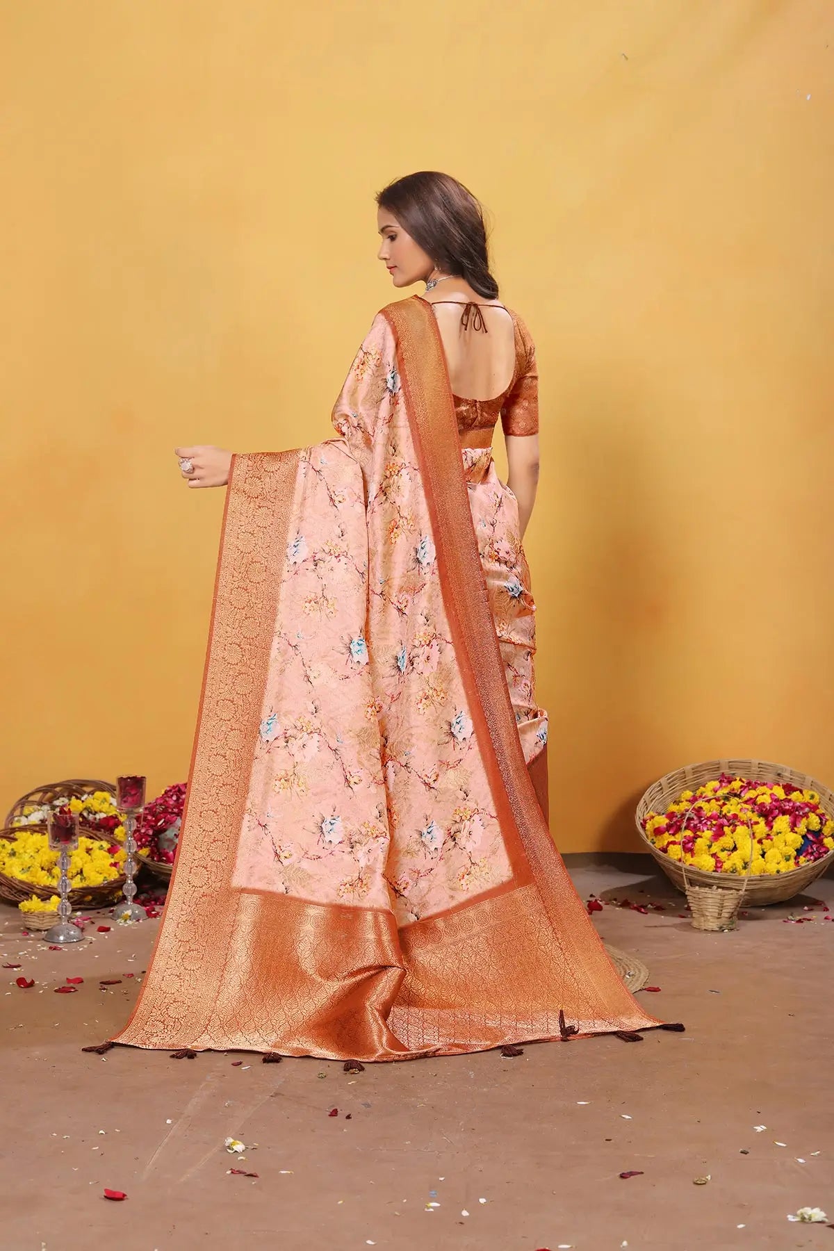 Orange Soft Bamber Weaving Saree with Digital Print & Rich Pallu