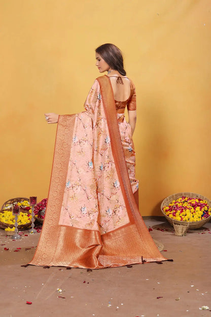 Orange Soft Bamber Weaving Saree with Digital Print & Rich Pallu