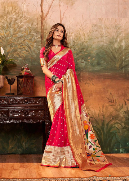 Red Paithani Silk Saree with Woven Border & Pallu