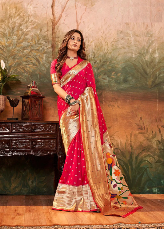 Red Paithani Silk Saree with Woven Border & Pallu