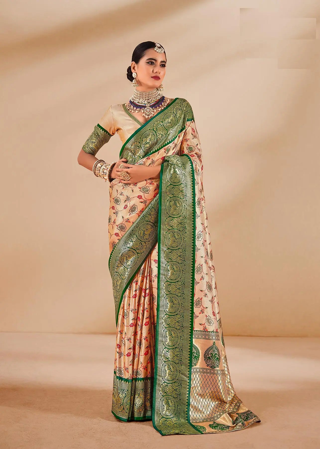 Green Dharmavaram Tissue Silk Saree with Zari Weaving & Contrast Border