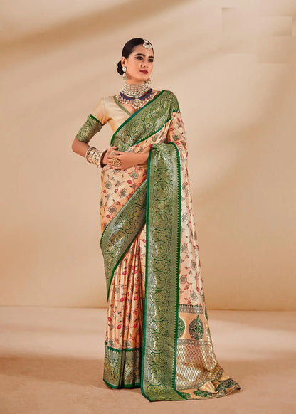 Green Dharmavaram Tissue Silk Saree with Zari Weaving & Contrast Border