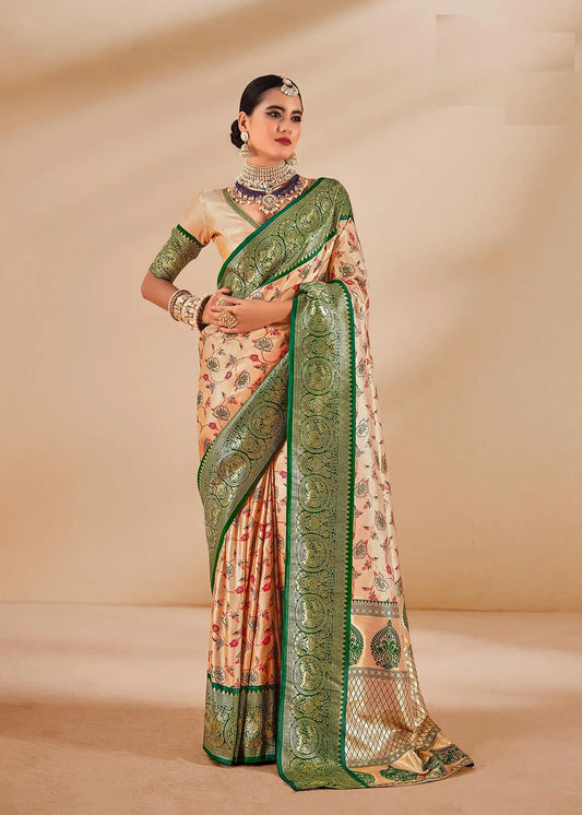 Green Dharmavaram Tissue Silk Saree with Zari Weaving & Contrast Border
