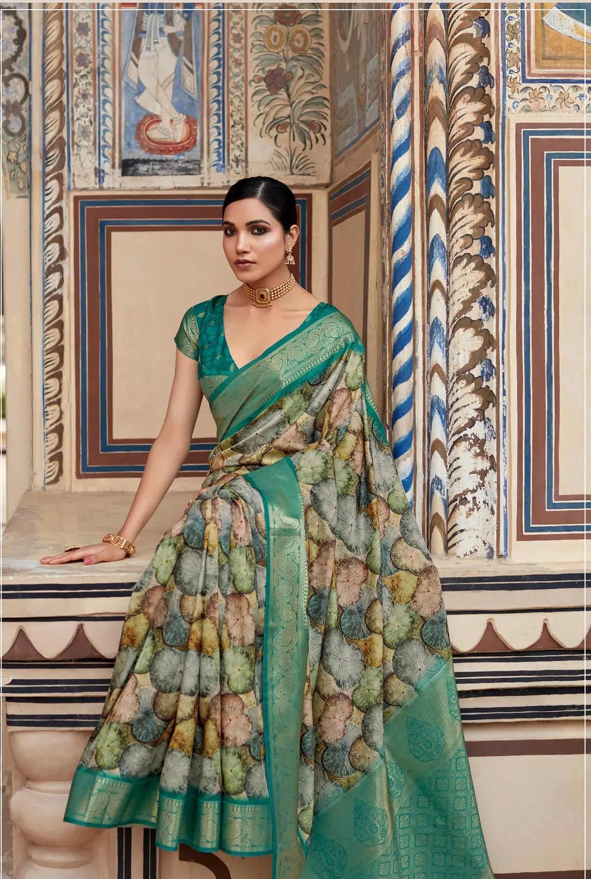 Teal Green Handloom Silk Saree  With Digital Print Zari Border