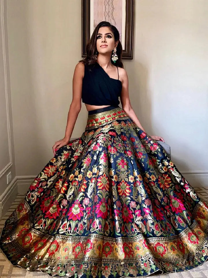 Black Banarasi Silk Crop top Lehenga Choli