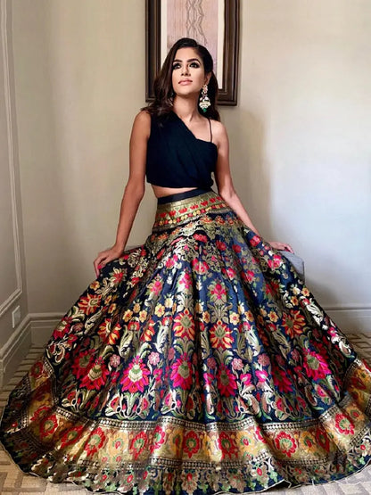 Black Banarasi Silk Crop top Lehenga Choli