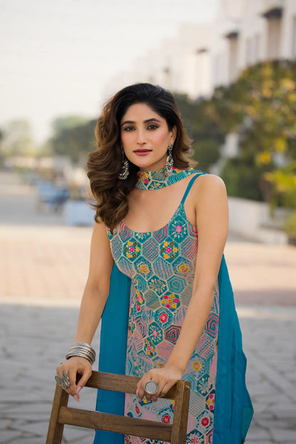 Blue Chinon Sequence Embroidery Work Salwar Suit