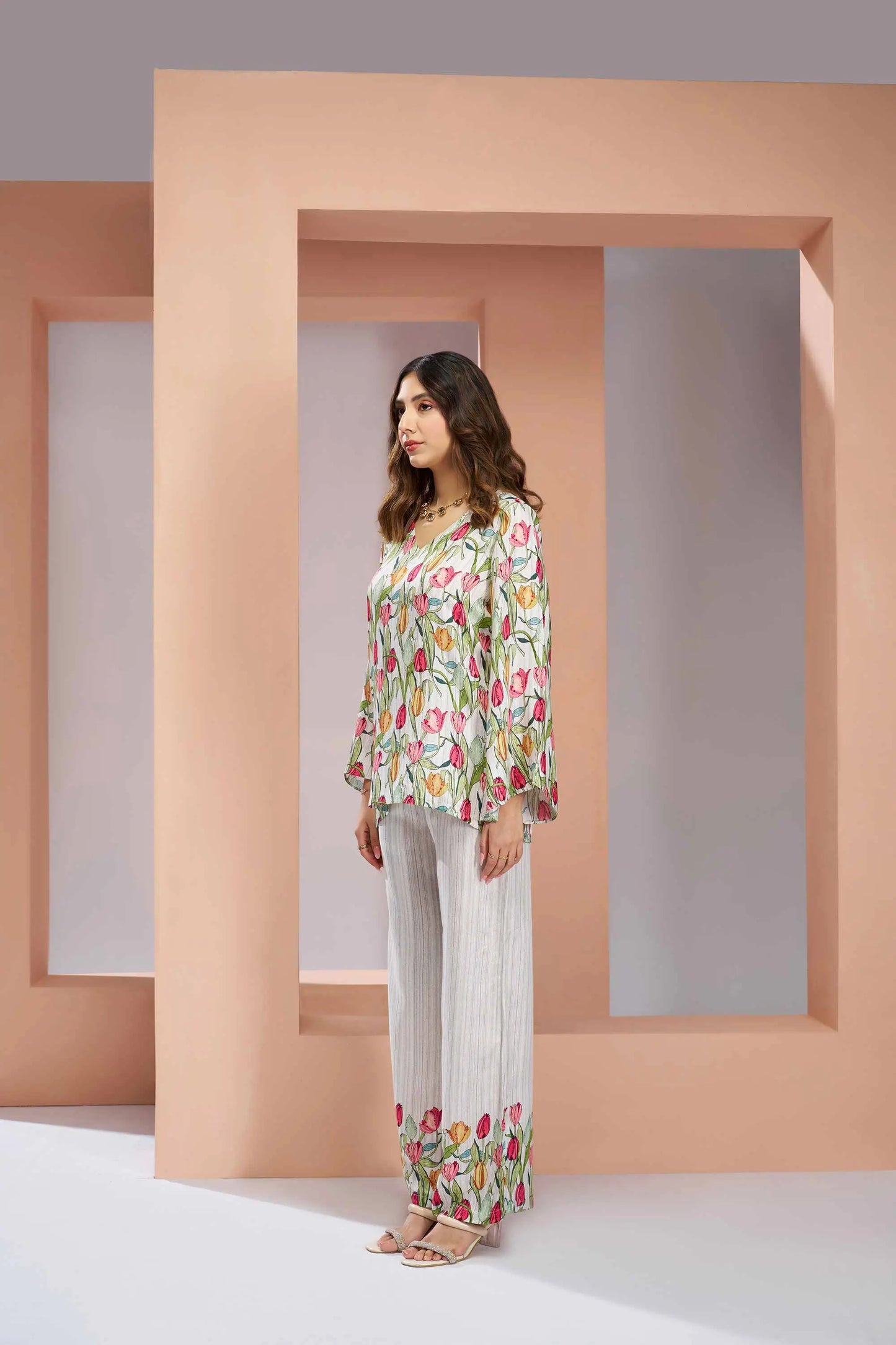 White Pure Muslin Silk Floral Print Co-ord Set