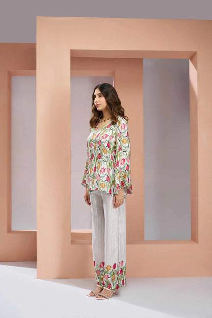 White Pure Muslin Silk Floral Print Co-ord Set