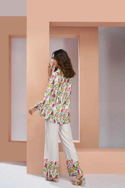 White Pure Muslin Silk Floral Print Co-ord Set