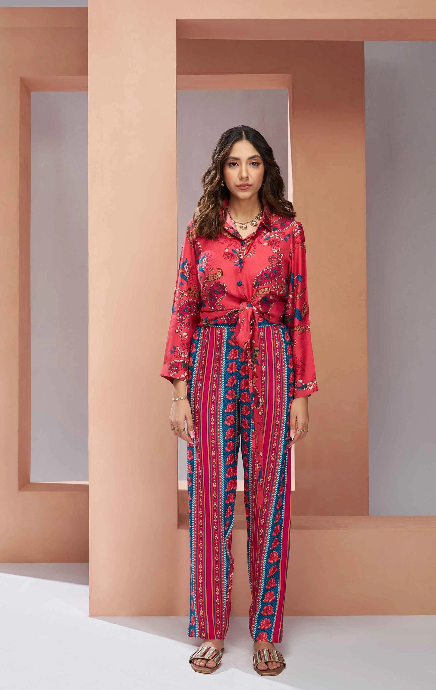 Coral Pink Pure Muslin Silk Printed Co-ord Set