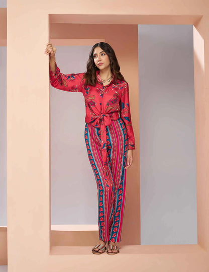 Coral Pink Pure Muslin Silk Printed Co-ord Set