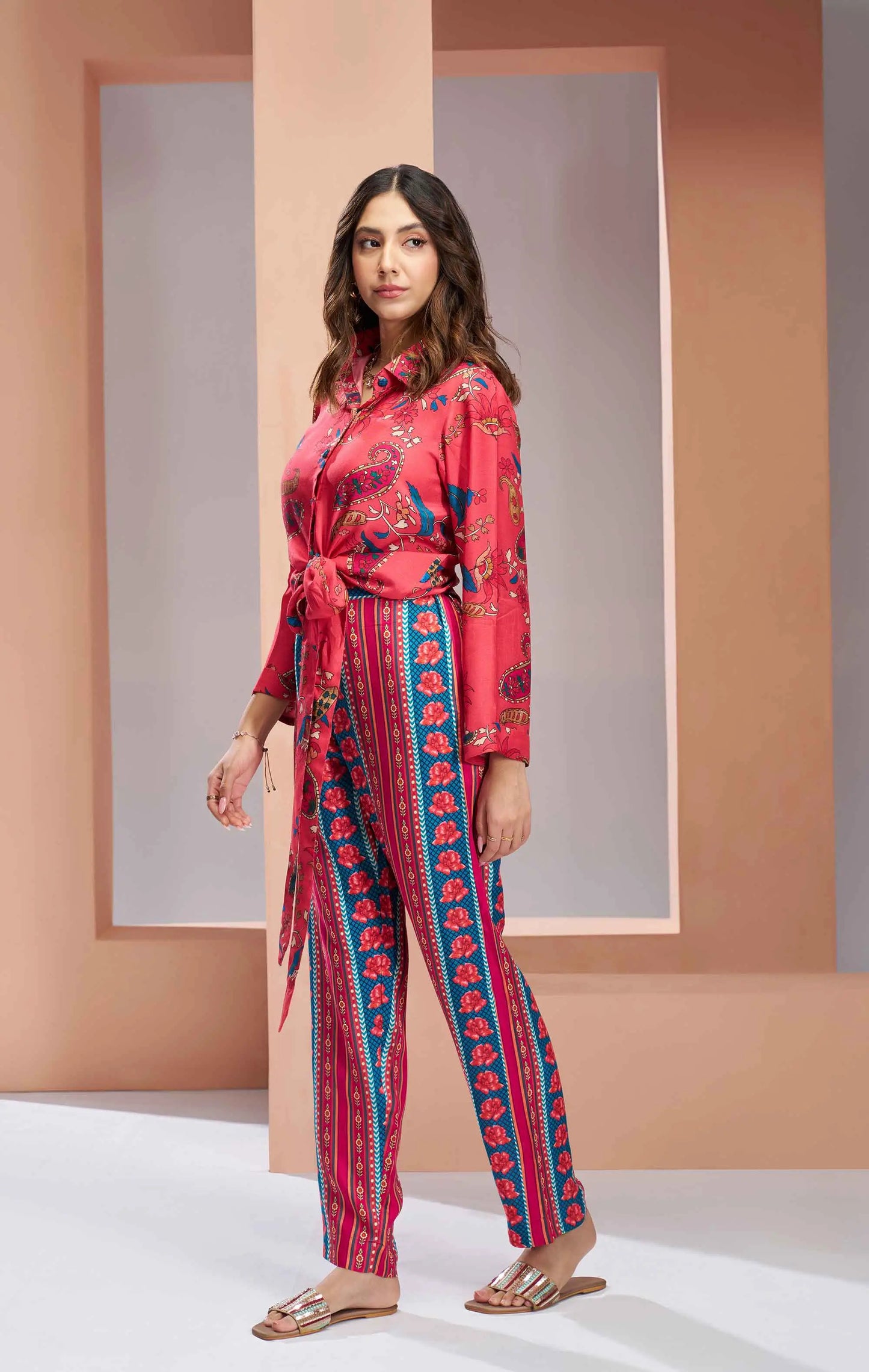 Coral Pink Pure Muslin Silk Printed Co-ord Set