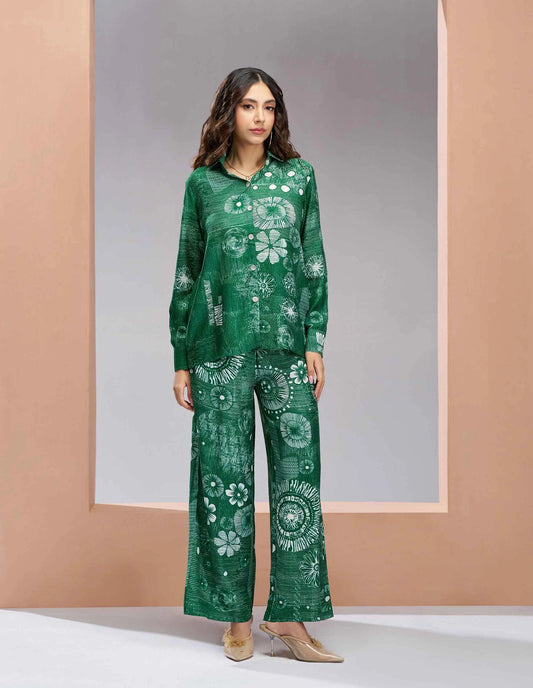 Dark Green Pure Muslin Silk Printed Co-ord Set
