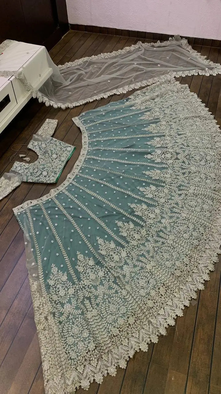 Sea Green Net Lehenga Choli With Sequence & Dori Work