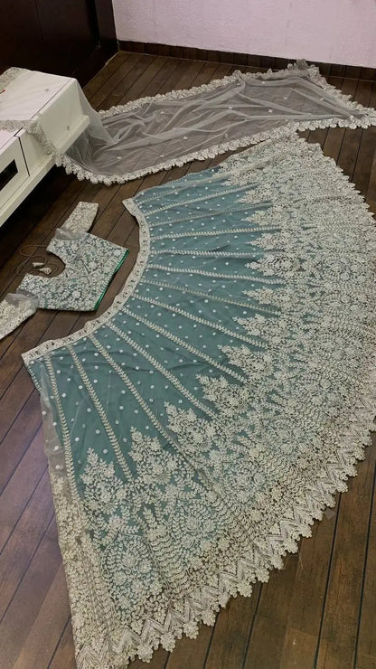 Sea Green Net Lehenga Choli With Sequence & Dori Work