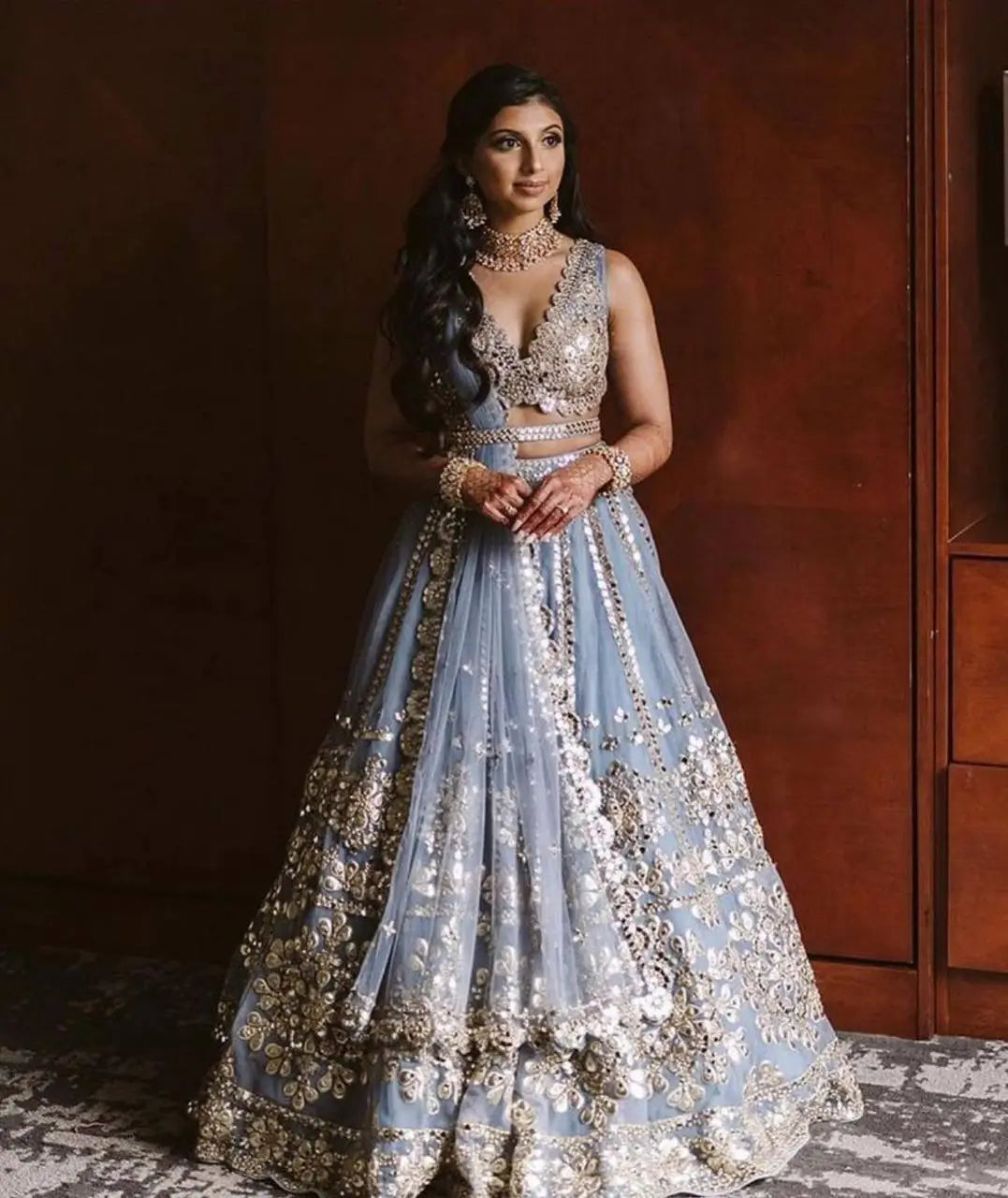 Sky Blue Net Lehenga Choli With Foil Mirror & Zari Work