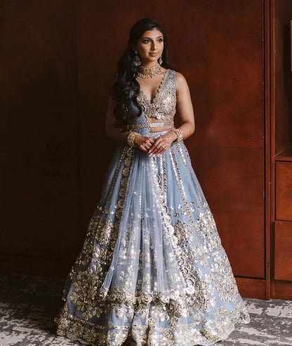 Sky Blue Net Lehenga Choli With Foil Mirror & Zari Work