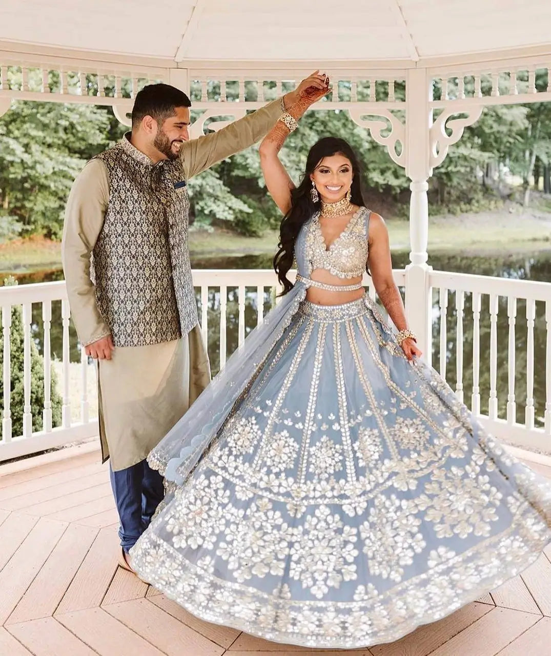 Sky Blue Net Lehenga Choli With Foil Mirror & Zari Work