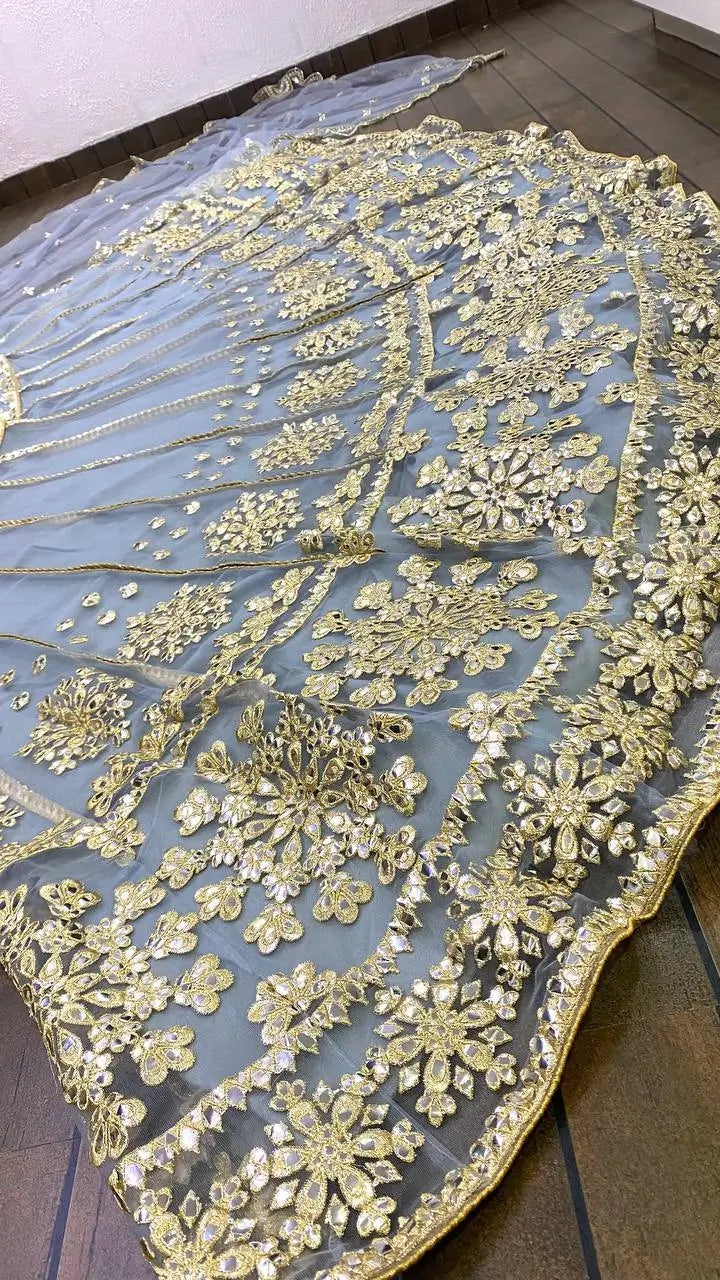 Sky Blue Net Lehenga Choli With Foil Mirror & Zari Work