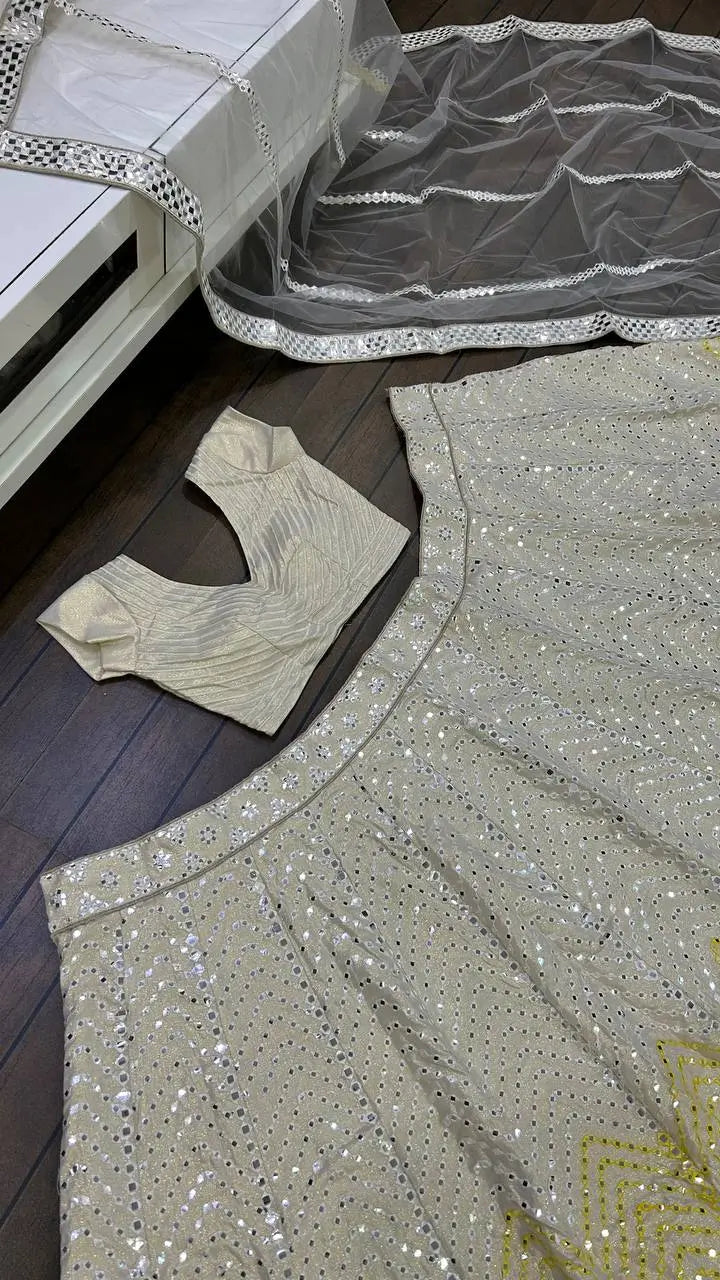 Beige Satin Silk Paper Mirror & Multi Thread Embroidery Work Lehenga Choli