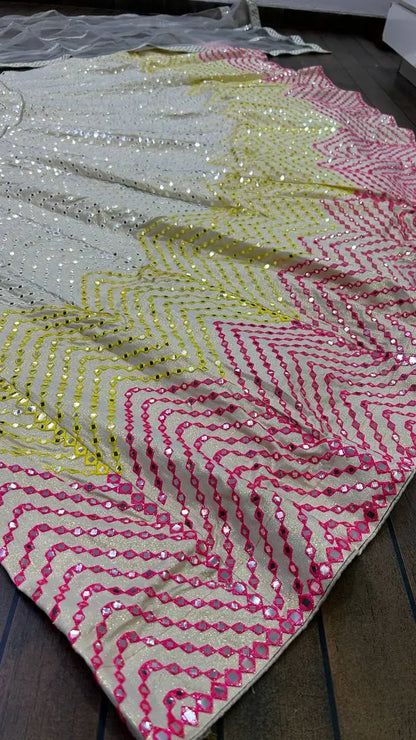 Beige Satin Silk Paper Mirror & Multi Thread Embroidery Work Lehenga Choli