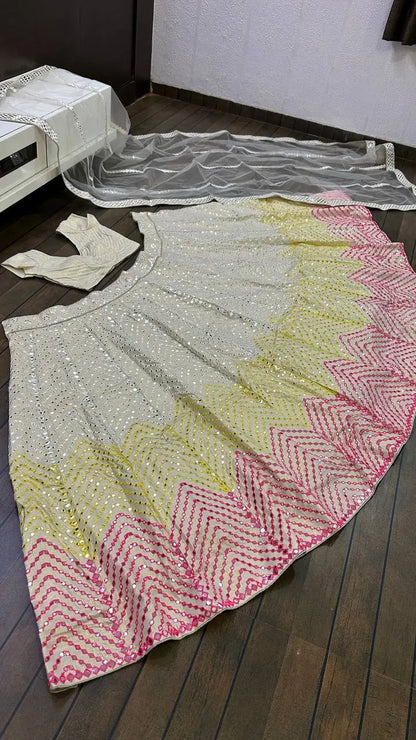 Beige Satin Silk Paper Mirror & Multi Thread Embroidery Work Lehenga Choli