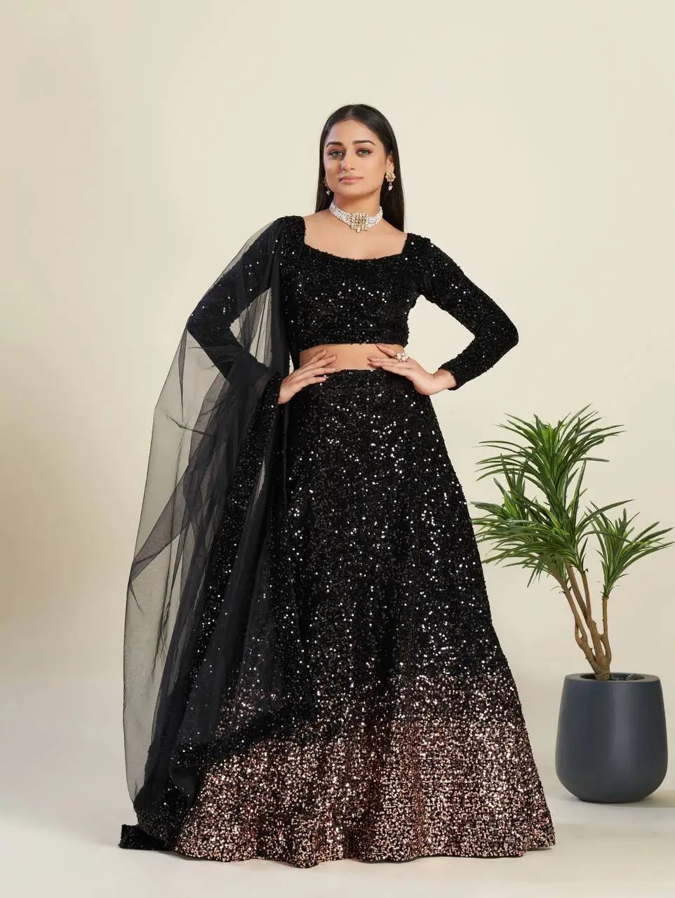 Black Velvet Sequence Embroidery Work Lehenga Choli