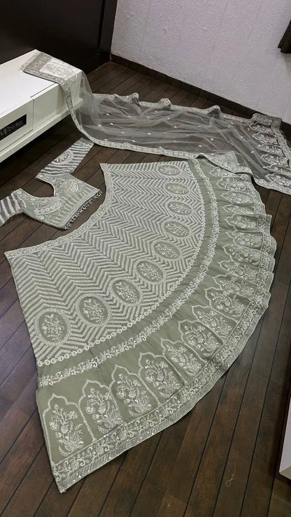 Grey Georgette Sequence, Zari & Dori Work Lehenga Choli