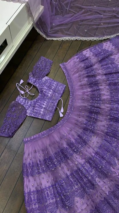 Purple Net Lehenga Choli With Sequence, Zari & Dori Work