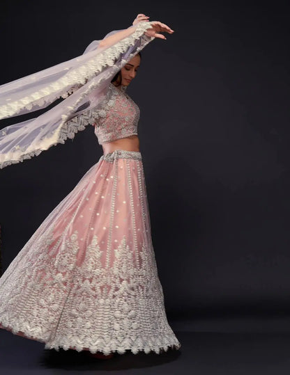 Peach-Pink Net Lehenga Choli With Sequence & Dori Work