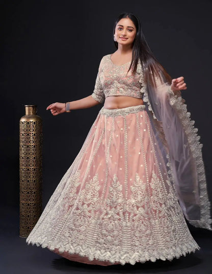 Peach-Pink Net Lehenga Choli With Sequence & Dori Work