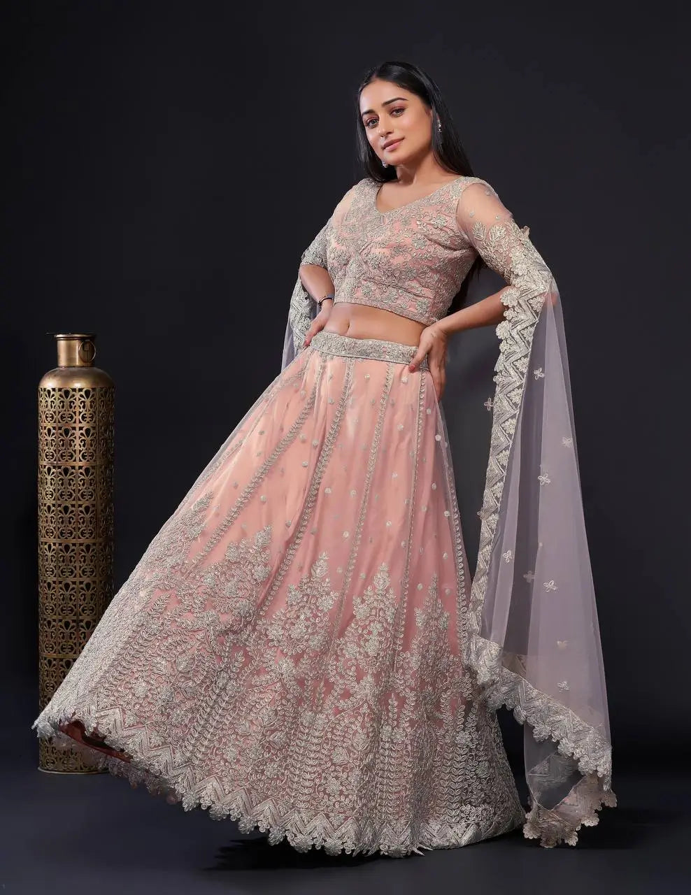 Peach-Pink Net Lehenga Choli With Sequence & Dori Work