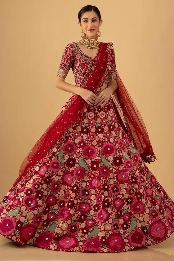Dark Pink Tapeta Silk Sequence & Chainstitch Embroidery Work Lehenga Choli