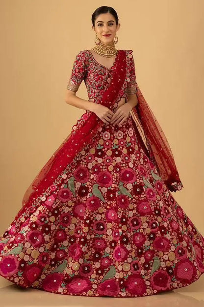 Dark Pink Tapeta Silk Sequence & Chainstitch Embroidery Work Lehenga Choli