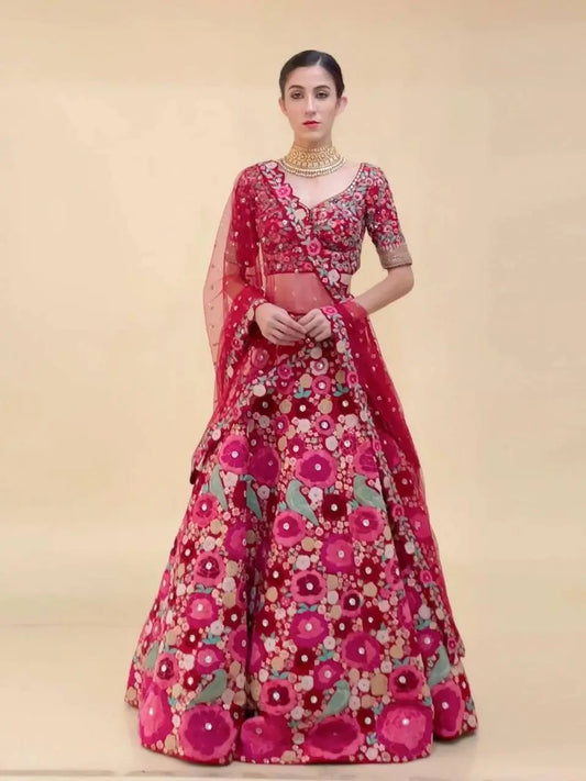 Dark Pink Tapeta Silk Sequence & Chainstitch Embroidery Work Lehenga Choli