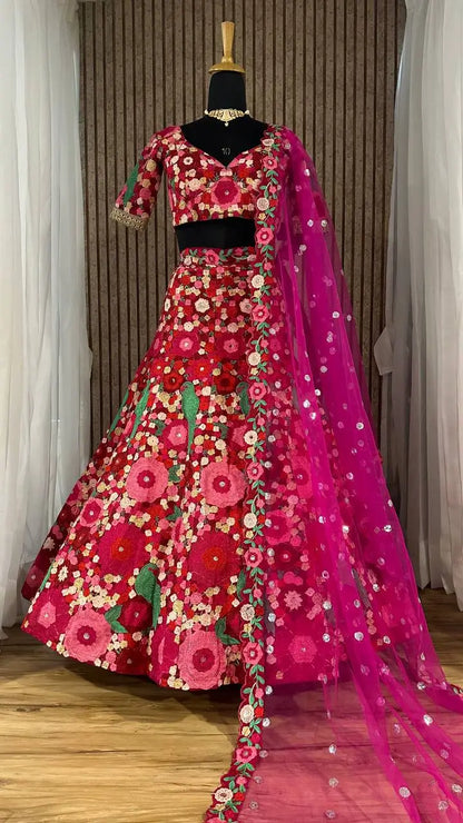 Dark Pink Tapeta Silk Sequence & Chainstitch Embroidery Work Lehenga Choli
