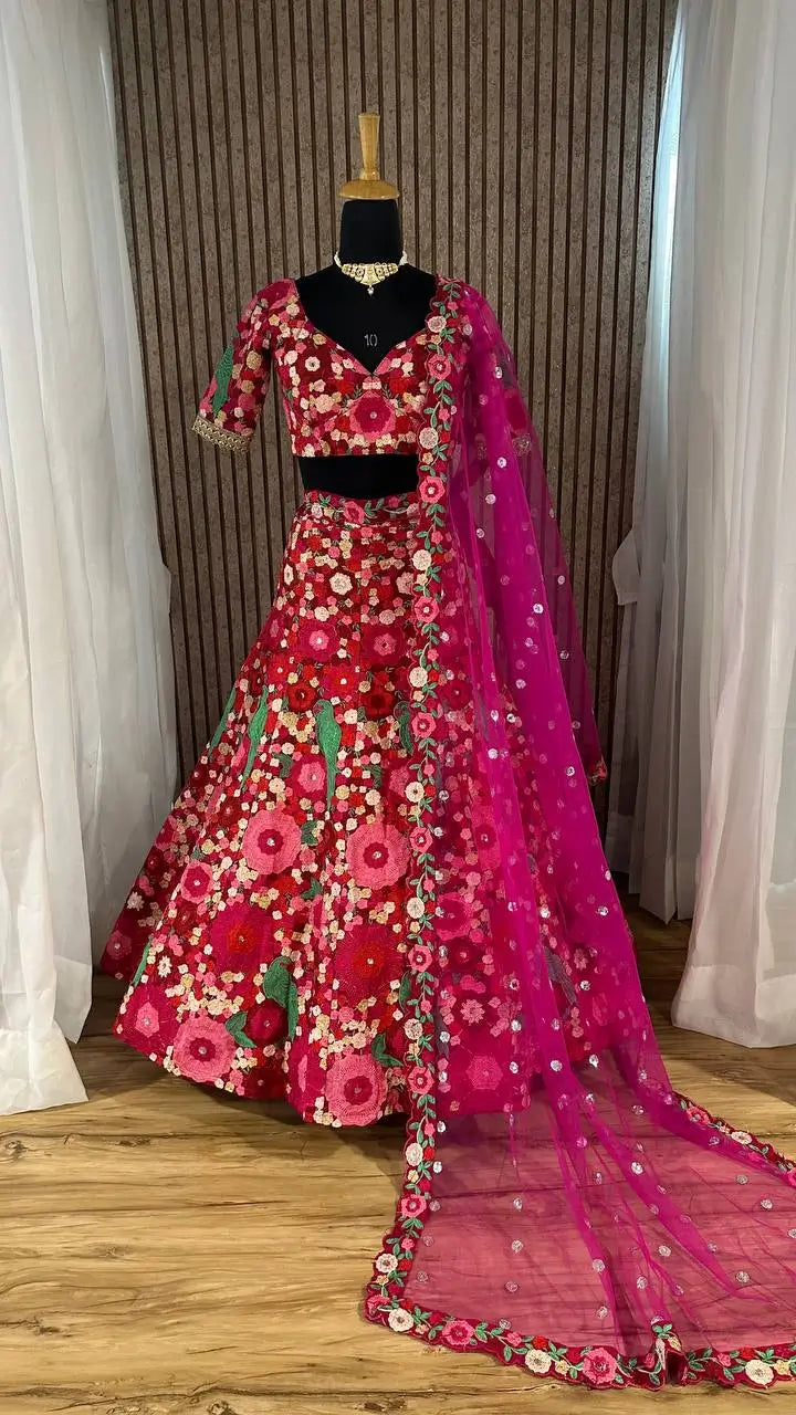 Dark Pink Tapeta Silk Sequence & Chainstitch Embroidery Work Lehenga Choli