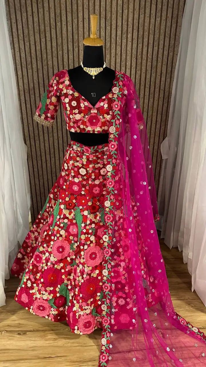 Dark Pink Tapeta Silk Sequence & Chainstitch Embroidery Work Lehenga Choli