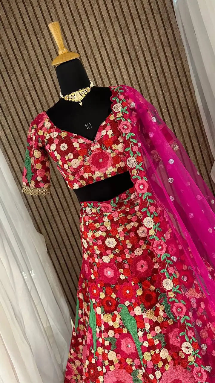 Dark Pink Tapeta Silk Sequence & Chainstitch Embroidery Work Lehenga Choli