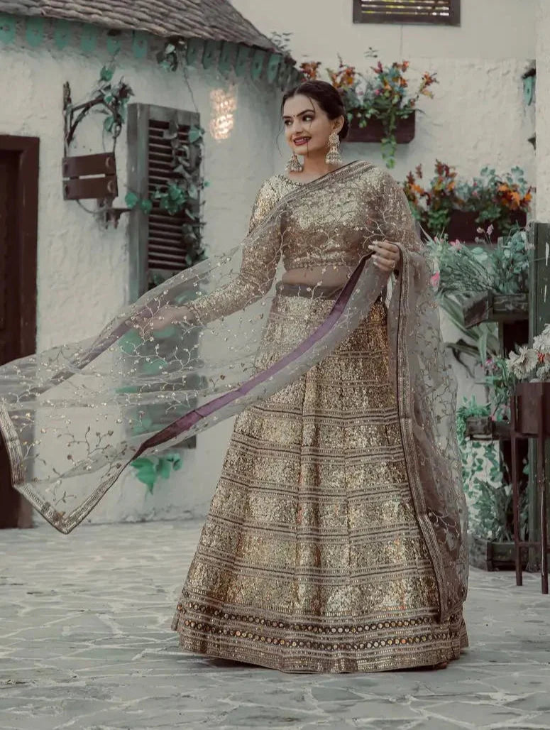 Golden Georgette Dori, Zari & Sequence Embroidery Work Lehenga Choli