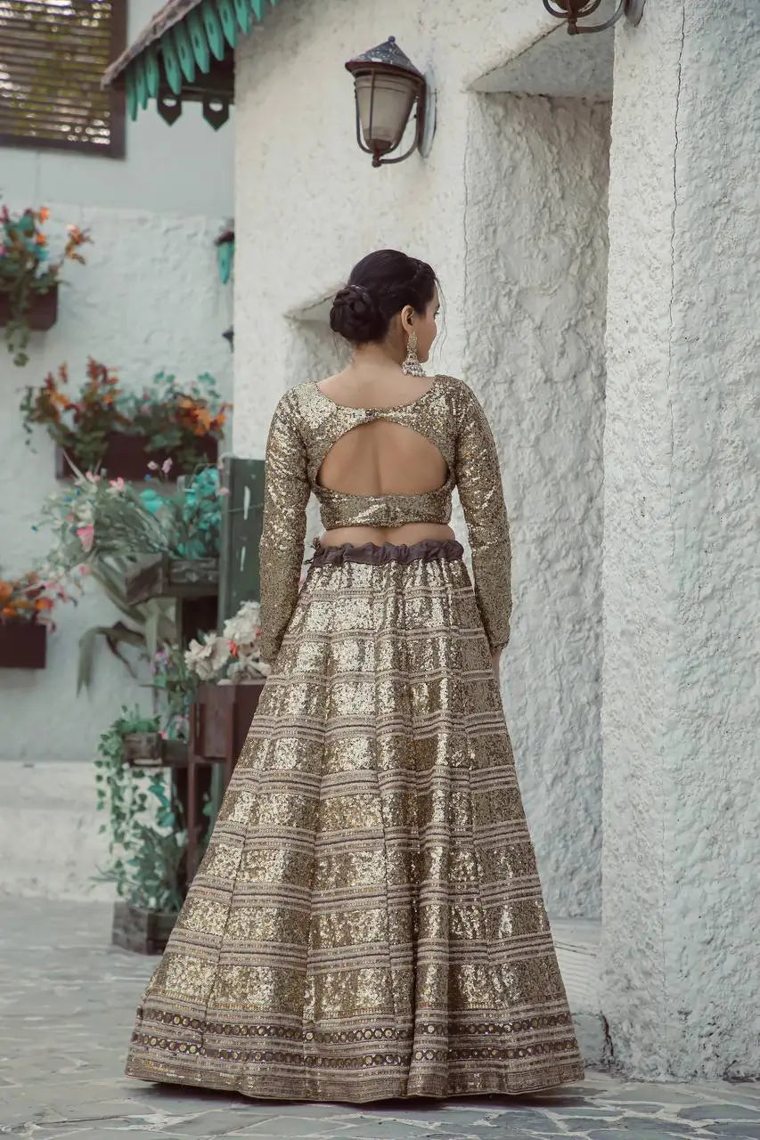 Golden Georgette Dori, Zari & Sequence Embroidery Work Lehenga Choli