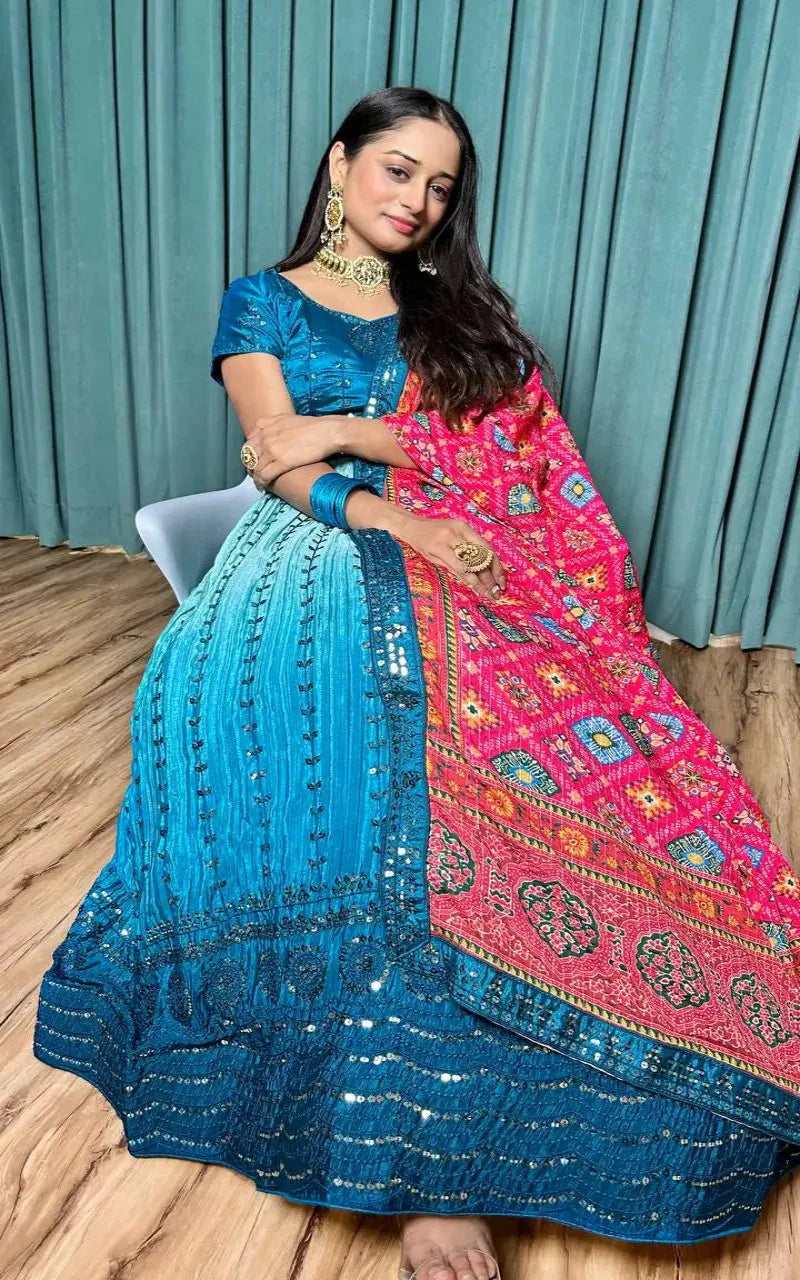 Blue Chinon Silk Thread with Sequence Embroidery Work Lehenga Choli