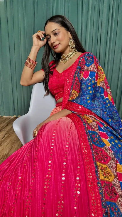 Deep Pink Chinon Silk Thread with Sequence Embroidery Work Lehenga Choli