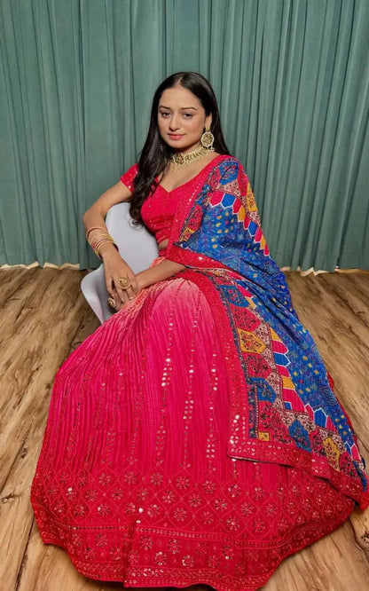 Deep Pink Chinon Silk Thread with Sequence Embroidery Work Lehenga Choli