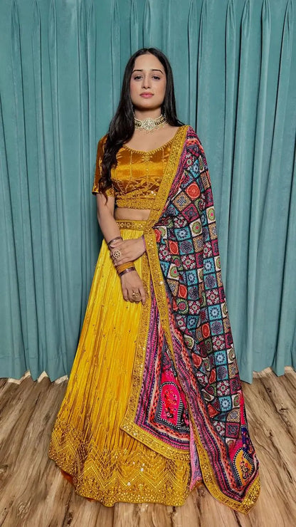 Yellow Chinon Silk Thread with Sequence Embroidery Work Lehenga Choli