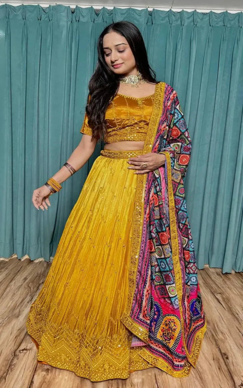 Yellow Chinon Silk Thread with Sequence Embroidery Work Lehenga Choli
